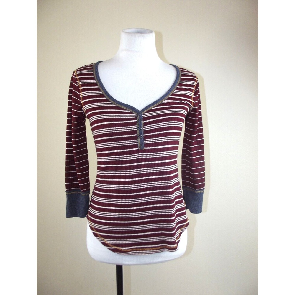 Self Esteem Girls V-Neck SHIRT  - Size LARGE - Burgundy Striped Ribbed